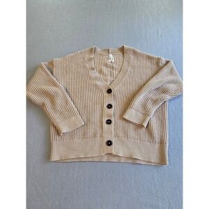 Pact Fisherman Cardigan Women Medium Tan Organic Cotton Shaker Knit V-Neck Boxy